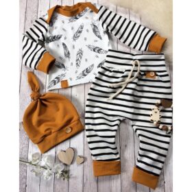 Winter Newborn Baby Clothes Set - Feather T-Shirt & Striped Pants for Boys & Girls